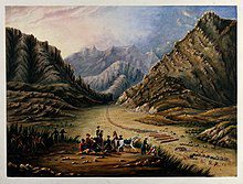 ![A painting of people in the mountains.