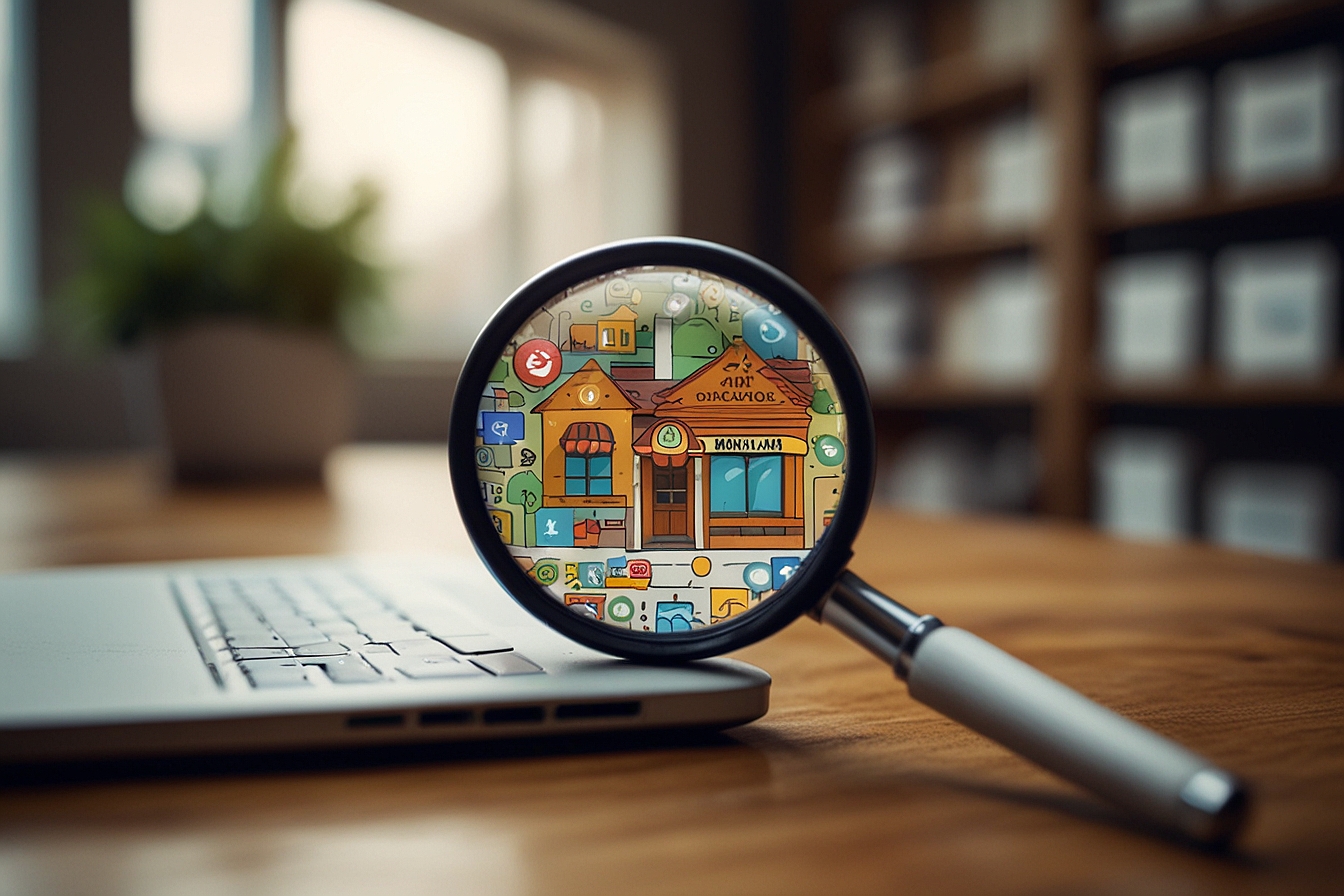 Magnifying glass on a desk revealing detailed colorful illustration through its lens with a laptop in the background.