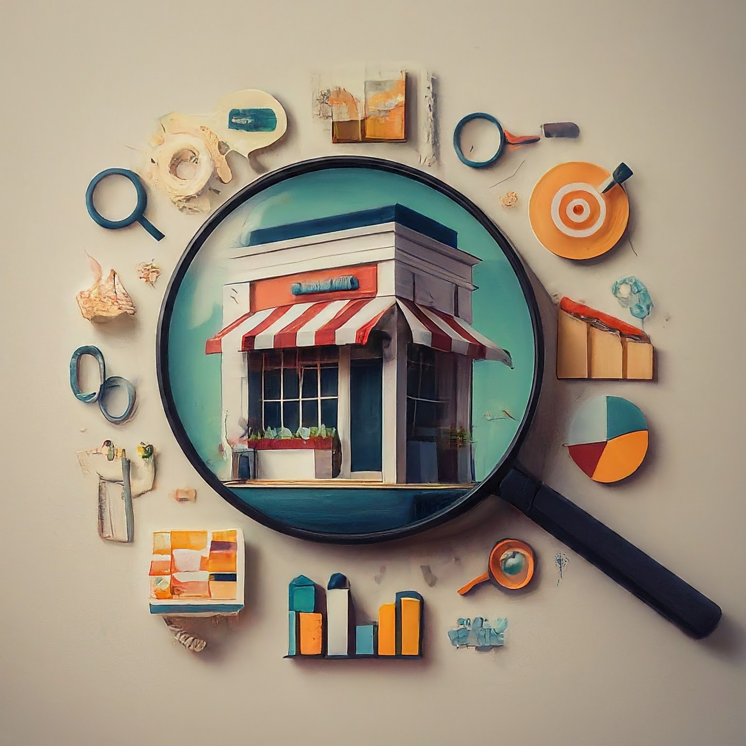 A magnifying glass highlighting a miniature corner building surrounded by various small objects arranged in an orderly fashion against a neutral background.