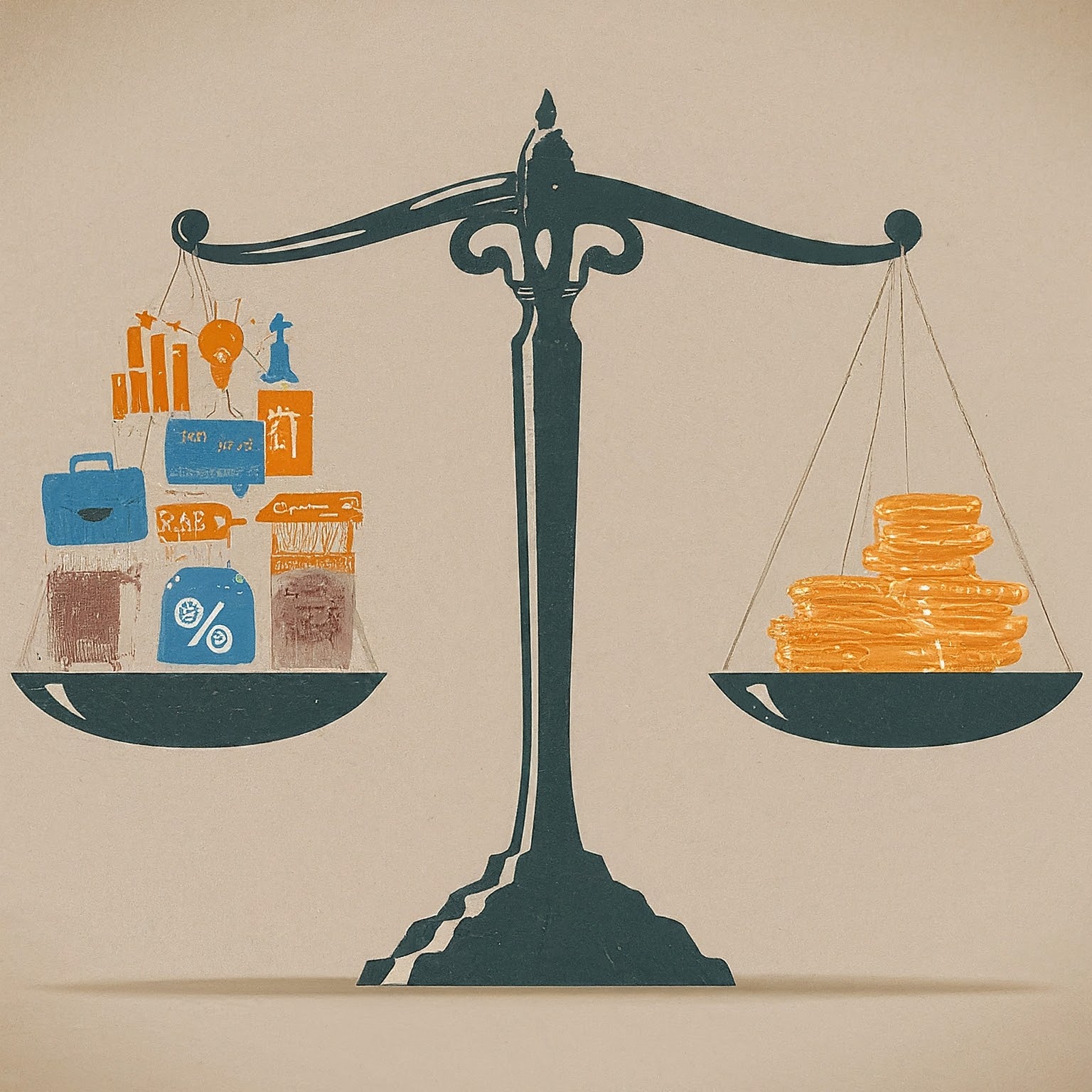 Illustration of a traditional balance scale comparing stacks of coins on one side to various financial and business elements on the other.