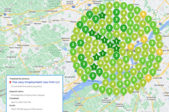 Map showing distribution of employment law cases around philadelphia with varying icons labeled 1 to 3 indicating quantity or concentration, pinned on a zoomed-in map area.