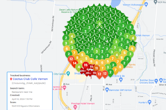 After 3.1 Map showing a heat map overlay with dense clustering of tracked data points, predominantly green, over vernon, with a key for "tracked business: cactus club" and search details.