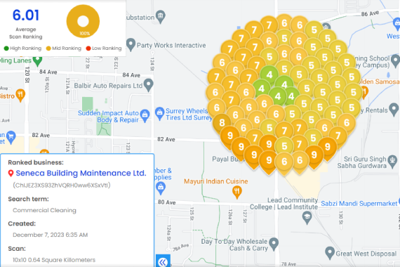 After 7 Map showing a high density of location markers in various colors, focused on a geographic area with labels and a sidebar with business ratings.