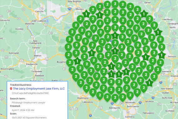 Map showing a cluster of green pin markers over pittsburgh, indicating locations tracked by the lacey employment law firm, llc.