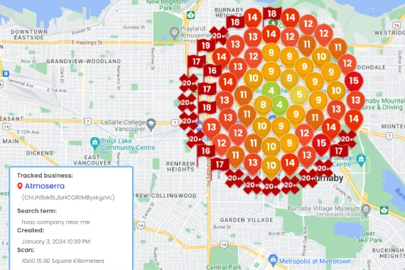 Before 1.1 Map overlay of vancouver showing distribution of tracked business ratings, ranging from 9 to 20, marked with red to orange dots on a digital map.