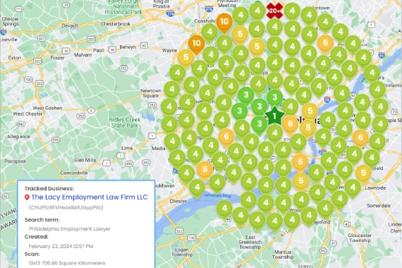 Map showing a density of tracked businesses in philadelphia with various location markers and data points about the lacy employment law firm llc.