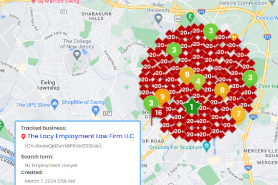 Before 4 Map screenshot showing multiple location markers centered around trenton, nj with a search detail for the lacy employment law firm highlighted.