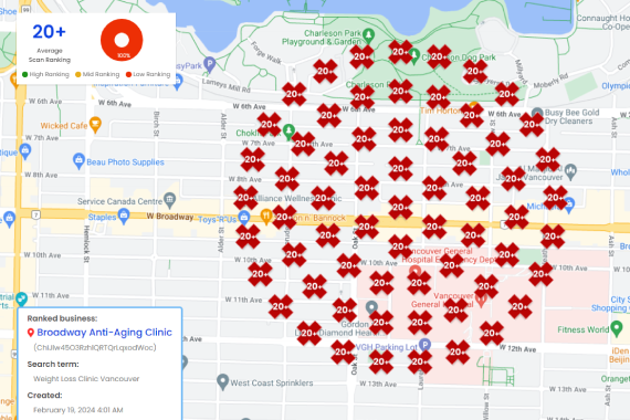 A map of vancouver displaying numerous red location markers, highlighting a concentration of facilities or points of interest throughout the city.