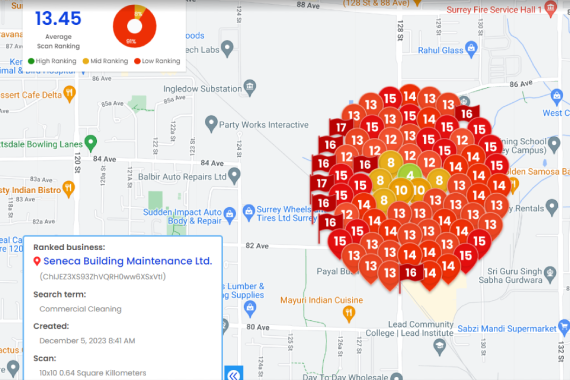 Before 7 A digital map displaying various business ratings in red, orange, and yellow markers, totaling numerical scores concentrated around surrey, bc.