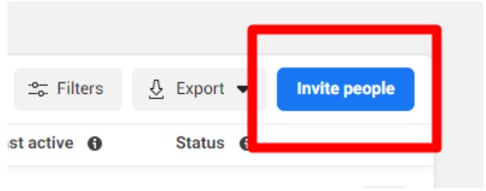 Screenshot of a digital interface showing buttons labeled "Filters," "Export," and a prominent blue "Invite people" button highlighted within a red rectangle.
