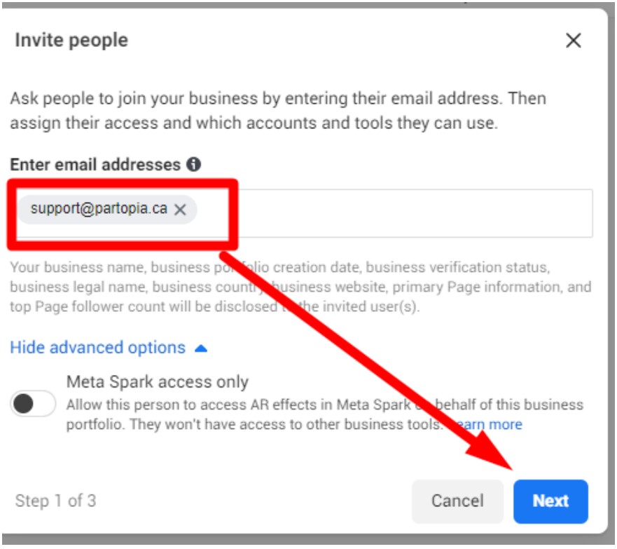 A screen prompting the user to invite people by entering their email address. An email is entered in the input field, highlighted with a red arrow pointing to the "Next" button.