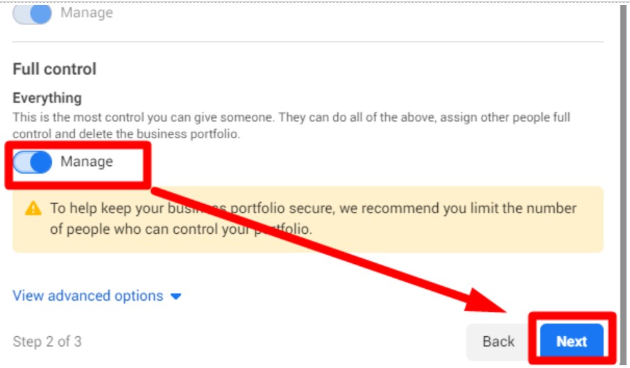 Screenshot of a webpage showing a step in setting user permissions. The user selects "Manage" under "Full control," with a yellow warning about limiting the number of people who can control the portfolio.