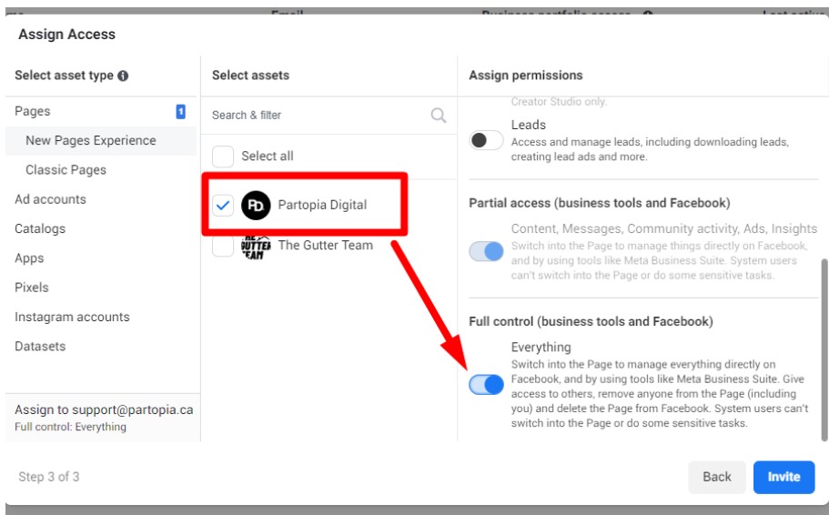 A screenshot of the Facebook Business Suite interface showing the process to assign access to 'Partopia Digital' with an option selected for full control permissions.