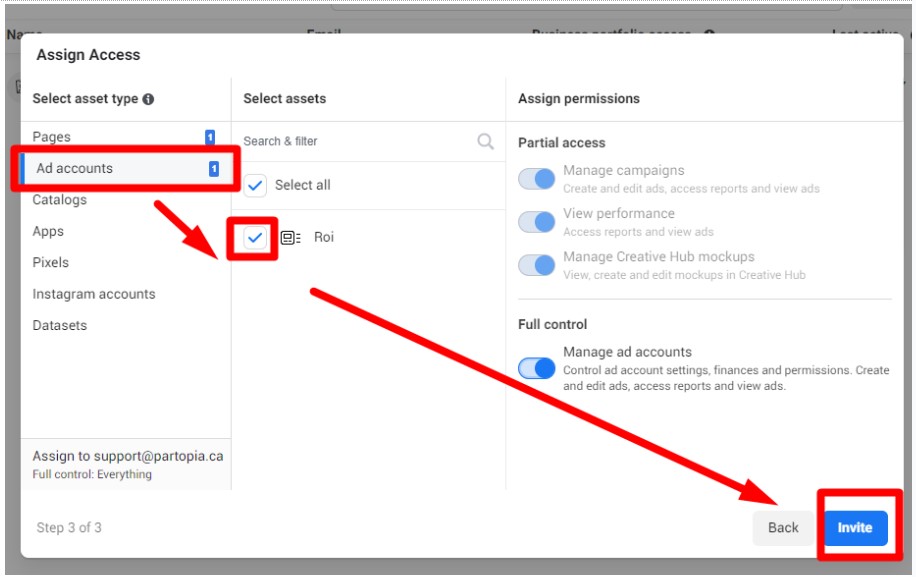 Screenshot of a Facebook Business Manager interface showing steps to assign access to an ad account. The "Ad accounts" option is selected, a specific account is checked, and the invite button is highlighted.