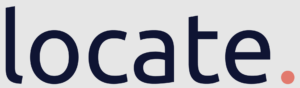 Text logo displaying the word "locate" in lowercase with a period at the end. The text is in dark blue, and the period is red.
