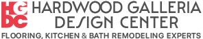 Logo for Hardwood Galleria Design Center, featuring bold red and black text. Below, it says "Flooring, Kitchen & Bath Remodeling Experts.