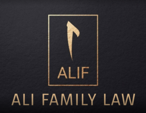 Gold logo on dark background with a stylized 'A' above the word 'ALIF' inside a rectangle. Below, the text reads 'ALI FAMILY LAW'.