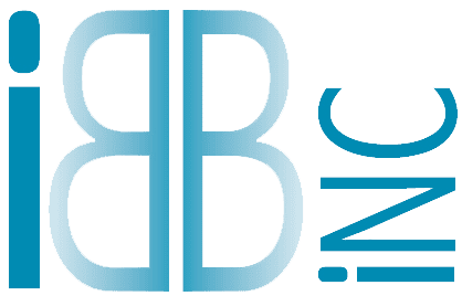 Stylized text displaying "IBM" mirrored vertically, in light blue.