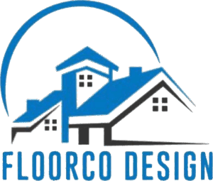 Logo for Floorco Design featuring blue and white stylized rooftops and windows under an arch, with the company's name in bold blue letters below.