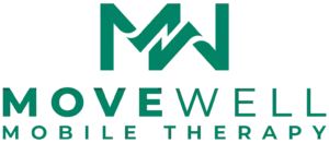 Logo for MoveWell Mobile Therapy featuring stylized initials "MW" above the words "MoveWell Mobile Therapy" in green capital letters.