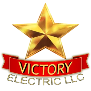 A gold star above a red ribbon with the word "VICTORY" and the text "ELECTRIC LLC" in gold below the ribbon.